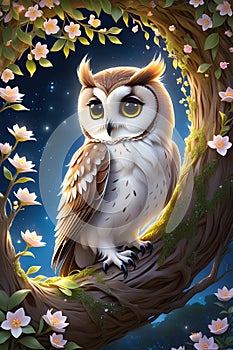 A cute owl in a tree hole with big eyes and flowers, blossoms, night, starlights, fantasy art, animal design