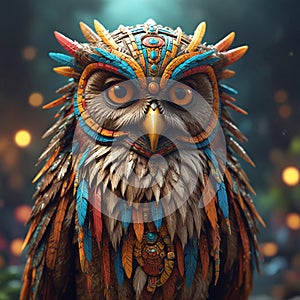 a cute owl wearing aztec custome