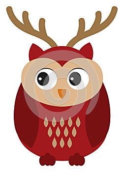 Cute Owl Wearing Deer Antlers. Vector Cute Christmas Owl