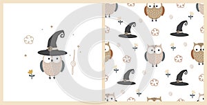 Cute owl and witch hat seamless pattern