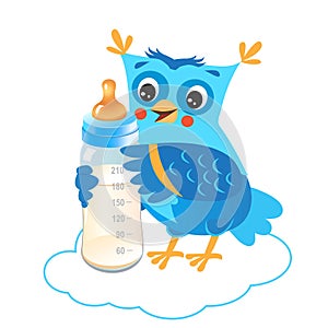 Cute Owlet With Milk Bottle. Welcome Baby Boy.