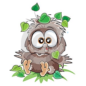 Cute owlet sitting on the ground under a leaf from a tree, fell, cartoon illustration, isolated object on a white background,