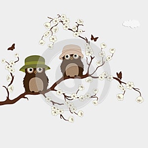 Cute owls on branch with flowers