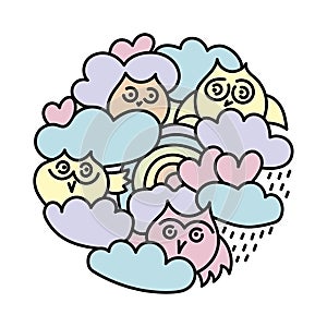 Cute owls in the clouds, rainbow, hearts. Hand drawn vector