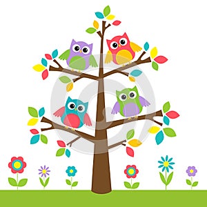 Cute owls on colorful tree and flowers