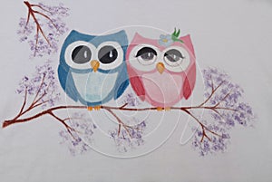 Cute owls couple - painted illustration