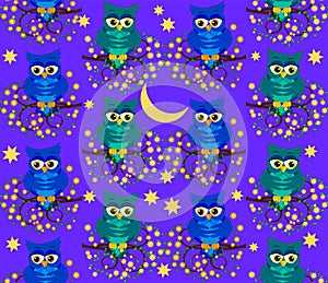 Cute owls at night on the tree. Seamless pattern.