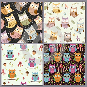 Cute owls seamless patterns set. Funny animals backgrounds