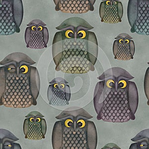 Cute owls seamless textural pattern Watercolor owl birds illustration Illustrated kids background Animal funny allover print