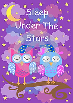 Cute owls sleep under the stars, good night card. vector illustration