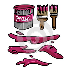 Cute paint brush and acrylic splatter cartoon vector illustration motif set. Hand drawn isolated decoration elements
