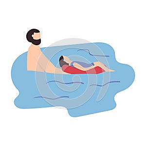 Cute pair of father and daughter spending time together - swimming in the pool. Happy fatherhood. Flat cartoon vector illustration