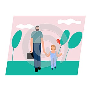 Cute pair of father and daughter spending time together - walking together. Happy fatherhood. Flat cartoon vector illustration