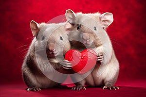 Cute pair of wombats holding red heart in front of studio background