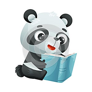 Cute Panda Animal Reading Book in Hard Cover Enjoying Interesting Story Vector Illustration