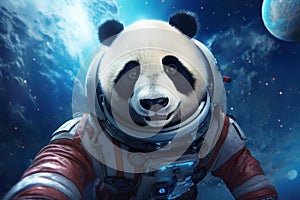 Cute panda astronaut in cosmonautic equipment. Generate ai