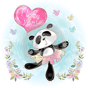 Cute Panda ballerina with a balloon in the shape of a heart. I love you. Valentine. Vector. Watercolor