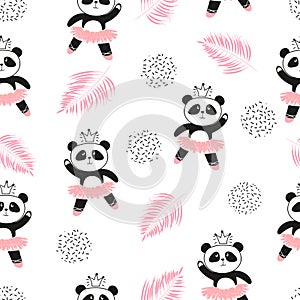 Cute panda ballerinas seamless pattern.