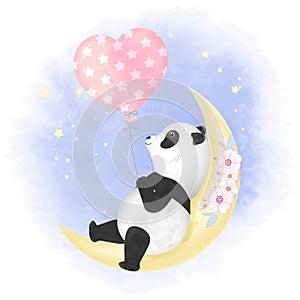 Cute panda with balloon on the crescent moon hand drawn cartoon illustration