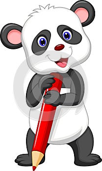 Cute panda bear cartoon holding red pencil