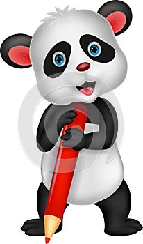 Cute panda bear cartoon holding red pencil
