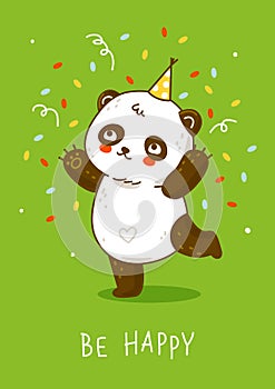 Cute panda bear with confetti on green background - cartoon character for happy Birrthday design