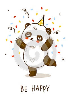 Cute panda bear with confetti isolated on white - cartoon character for happy Birthday design