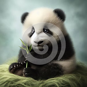 Cute Panda Bear Cub Holding Bamboo While Sitting on Grass