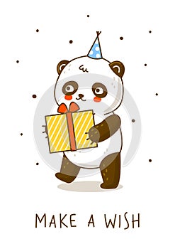 Cute panda bear with gift isolated on white - cartoon character for happy Birthday design