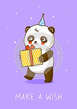 Cute panda bear with gift on purple background - cartoon character for Birthday design