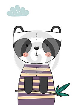 Cute Panda Bear holding eucalyptus branch.