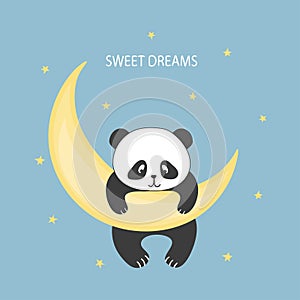 Cute panda bear on the moon. Baby print, vector illustration for kids