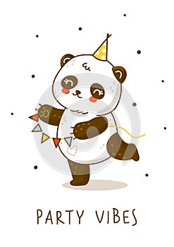 Cute panda bear with party flags isolated on white - cartoon character for happy Birthday design