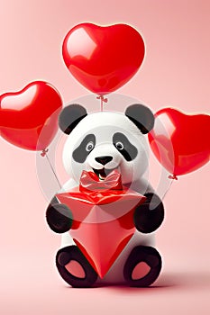 Cute panda bear with a red heart shaped balloons and a gift box. Valentine's Day, Women's Day design concept.