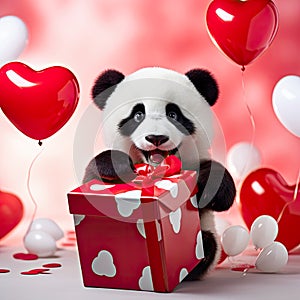 Cute panda bear with a red heart shaped balloons and a gift box. Valentine's Day, Women's Day design concept.