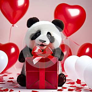 Cute panda bear with a red heart shaped balloons and a gift box. Valentine's Day, Women's Day design concept.