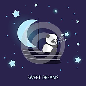 Cute panda bear on ship with moon sail. Sweet dreams