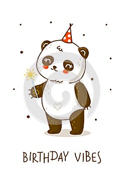 Cute panda bear with sparklers isolated on white - cartoon character for happy Birthday design