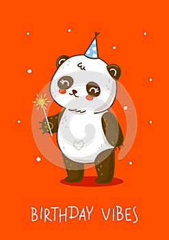 Cute panda bear with sparklers on red background - cartoon character for happy Birthday design