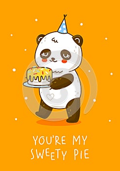 Cute panda bear with sweet cake on orange background - cartoon character for happy Birthday design