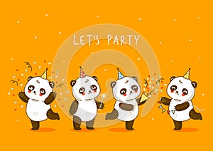 Cute panda bears border on orange background - cartoon characters for Birthday greeting card design