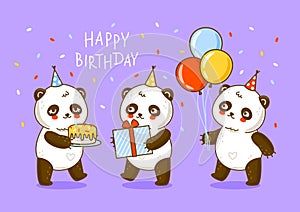 Cute panda bears with sweet cake and gift and balloons - cartoon characters for Birthday greeting card design