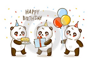 Cute panda bears with sweet cake and gift and balloons isolated on white - cartoon characters for Birthday greeting card design