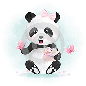 Cute panda with butterflies and flower basket hand drawn animal watercolor illustration