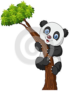 Cute panda cartoon climbing tree