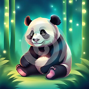 Cute Panda cartoon sitting lazily on grass in a green background Generative AI