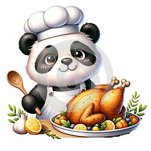 cute panda chef baking a chicken watercolor Clipart AI Generate