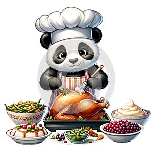 cute panda chef baking a chicken watercolor Clipart AI Generate