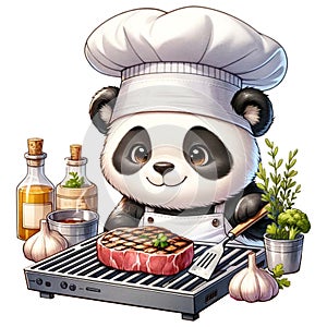 cute panda chef cooking a beef steak watercolor Clipart AI Generate