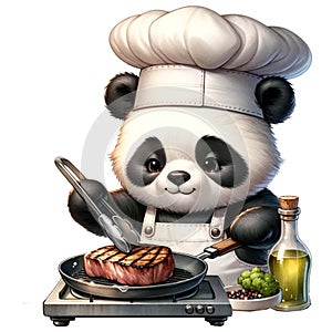 cute panda chef cooking a beef steak watercolor Clipart AI Generate